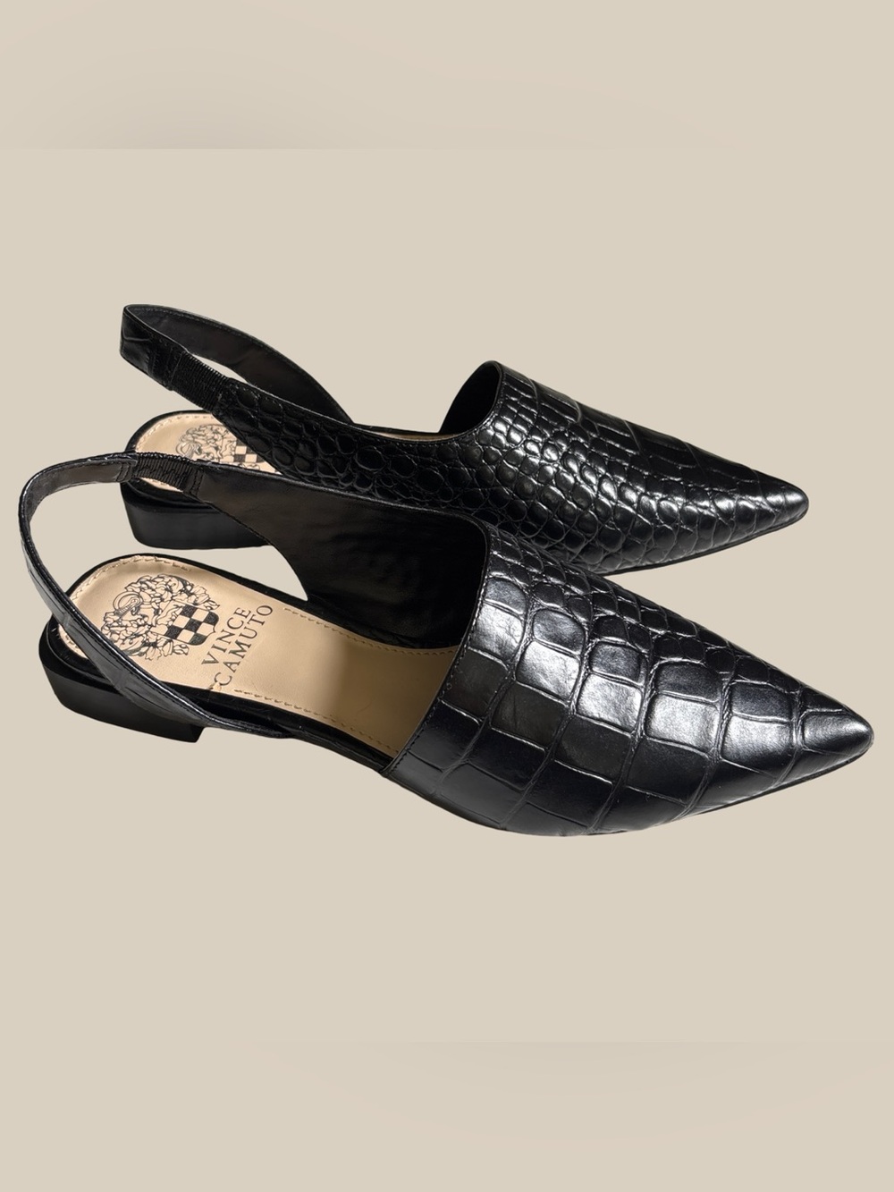Vince Camuto Women’s CILDA Black Croc Embossed Slingback Flats Pointed Toe SZ 6M